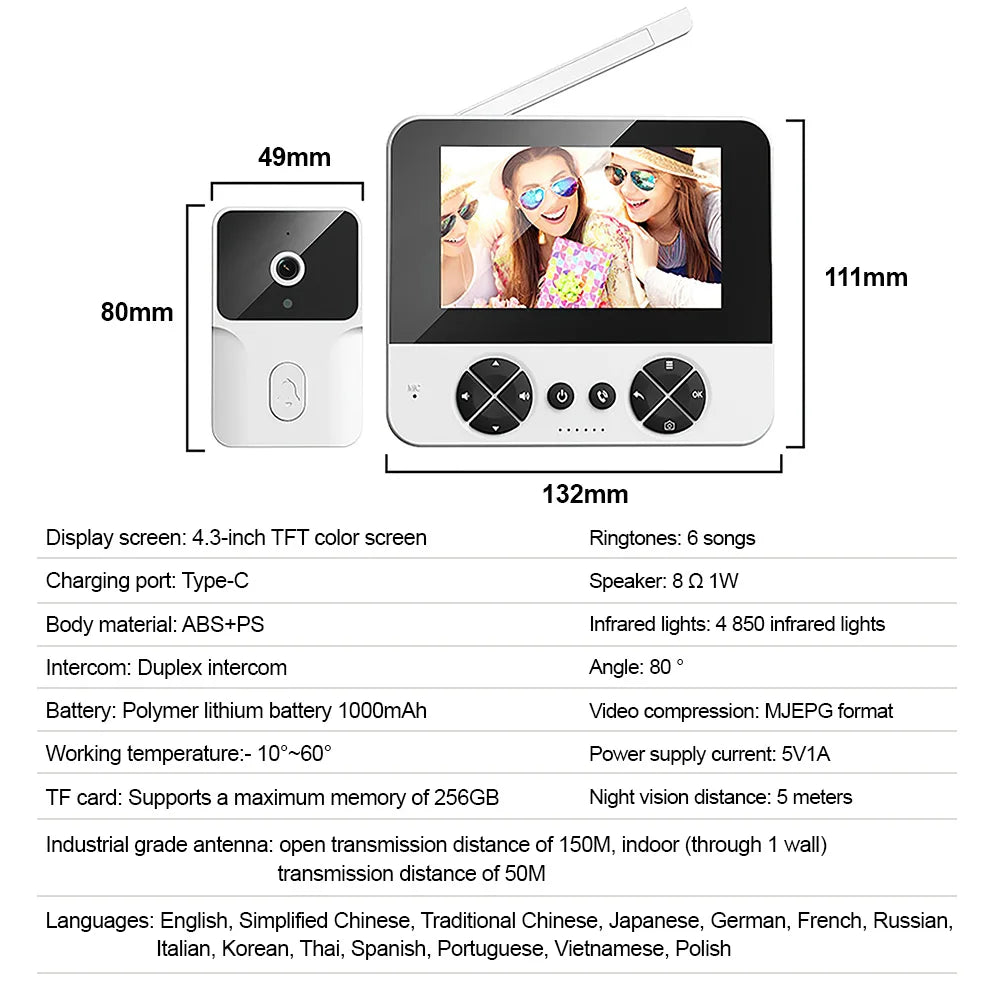 Interphone vidéo sans fil, écran 4.3 pouces, sonnette visuelle, Vision nocturne IR, caméra de Surveillance visuelle, caméra de sécurité pour maison intelligente