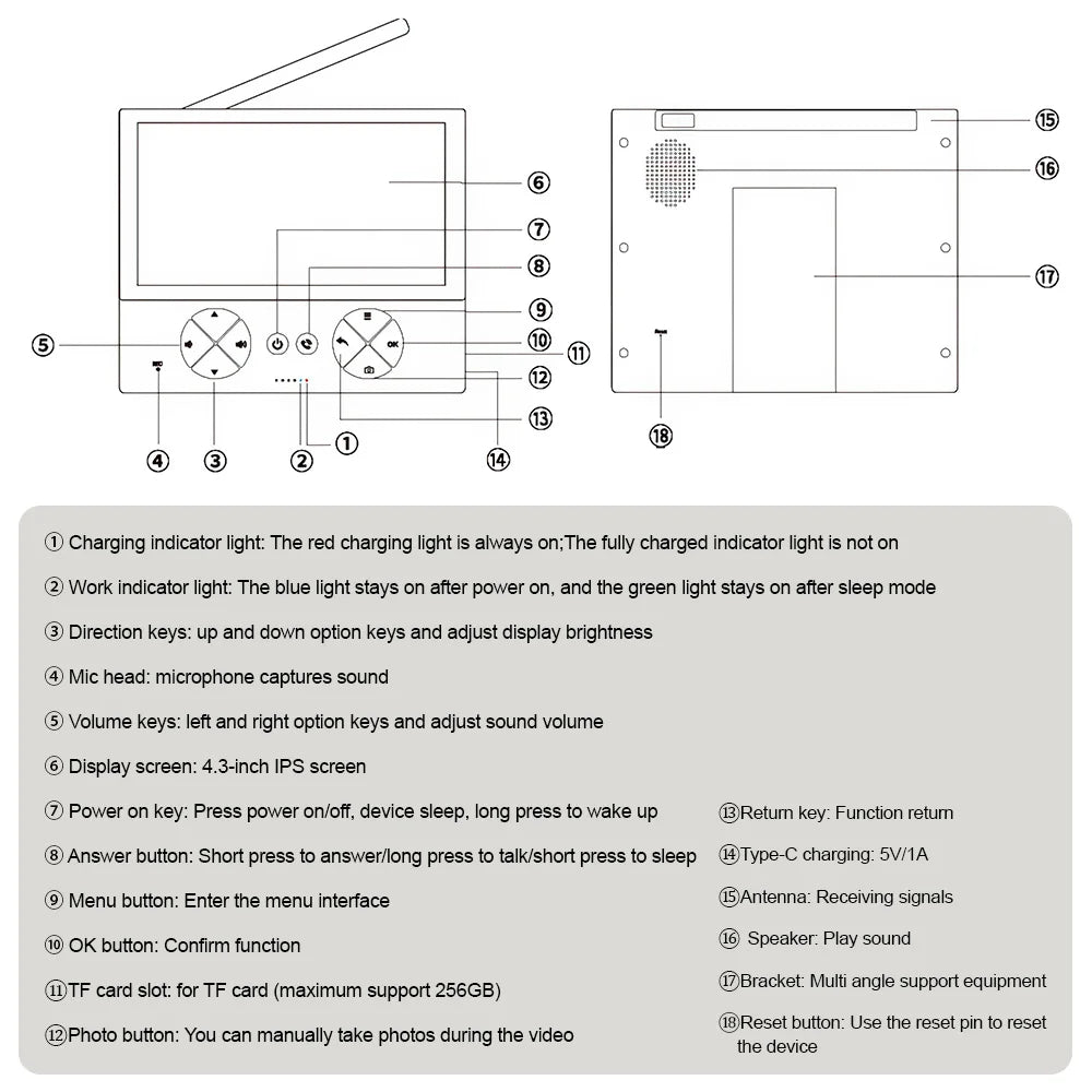 Interphone vidéo sans fil, écran 4.3 pouces, sonnette visuelle, Vision nocturne IR, caméra de Surveillance visuelle, caméra de sécurité pour maison intelligente