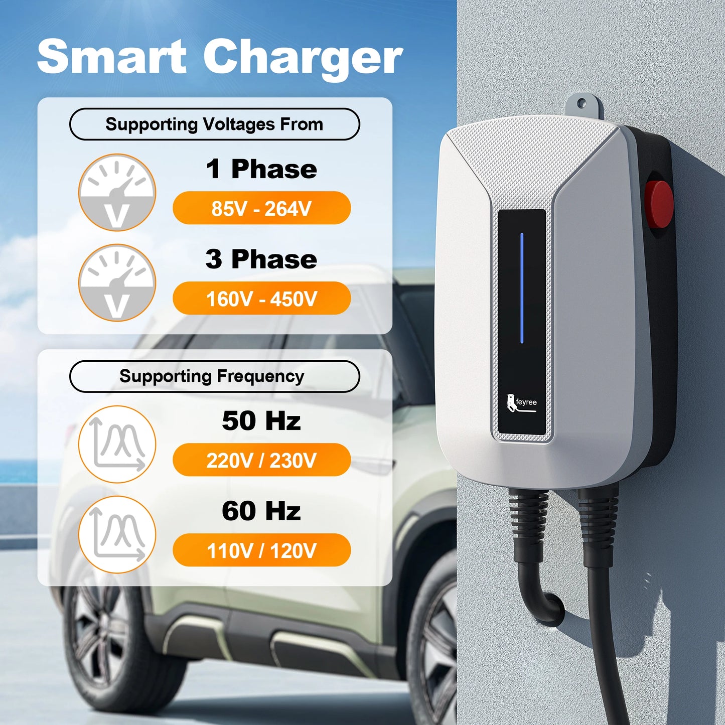 Feyree EV chargeur Type2 prise EVSE Wallbox 32A 7KW prise IEC62196-2 1 Phase 5m câble Station de charge murale pour voiture électrique