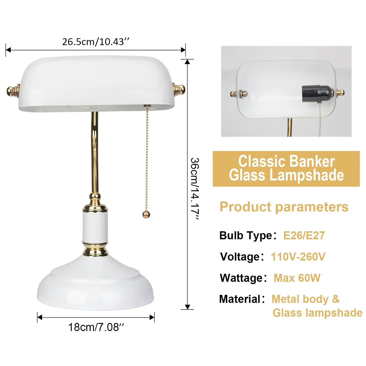 FIRVRE Blanc Lampe de Bureau en Verre pour Banquier avec Pied Blanc Lampe de Table avec Interrupteur à Chaîne à Tirer pour Burea