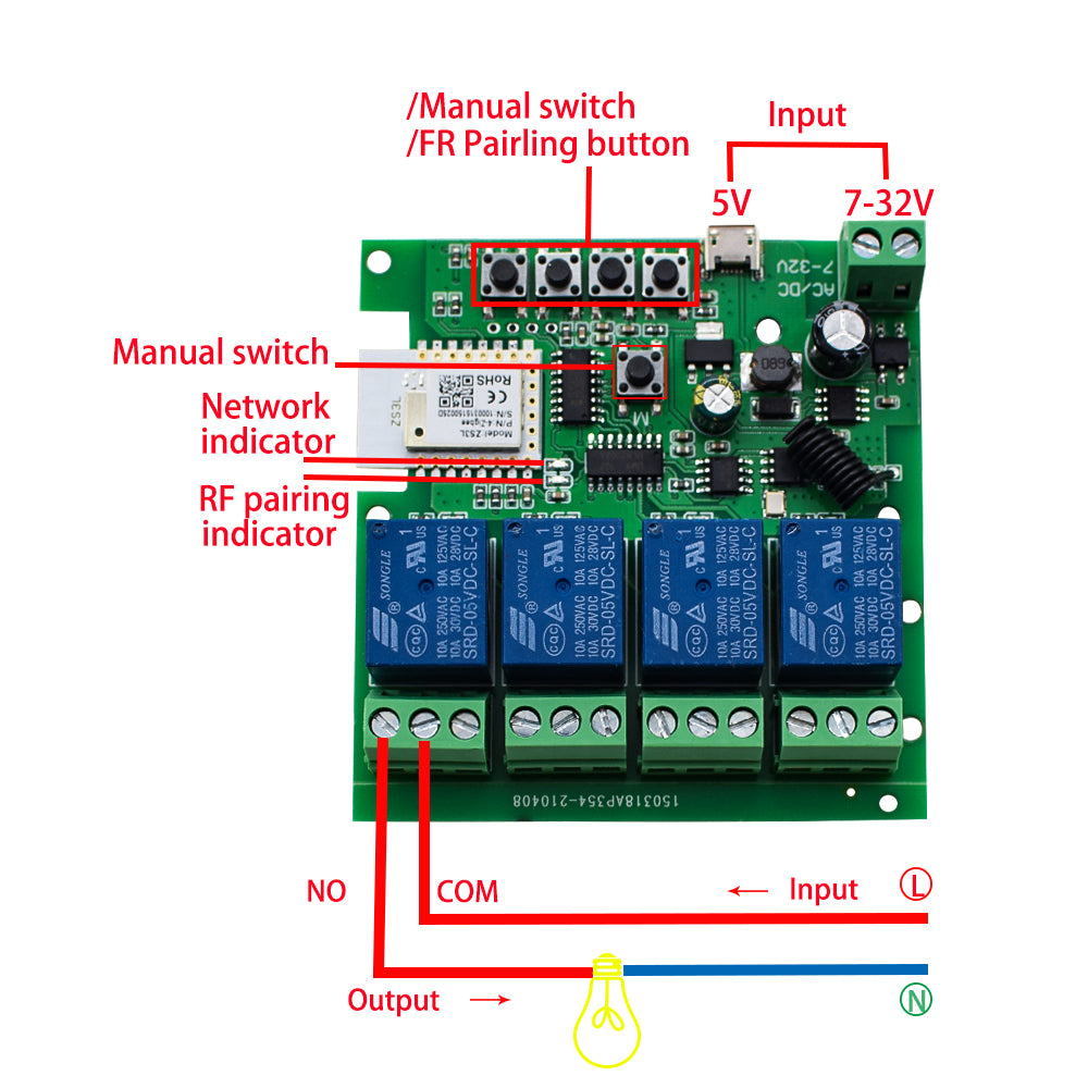 Contact sec Tuya commutateur intelligent Zigbee 1 2 4 canaux Zigbee Din Rail relais carte Module deux canaux RF 433 relais 12V 24V 230V