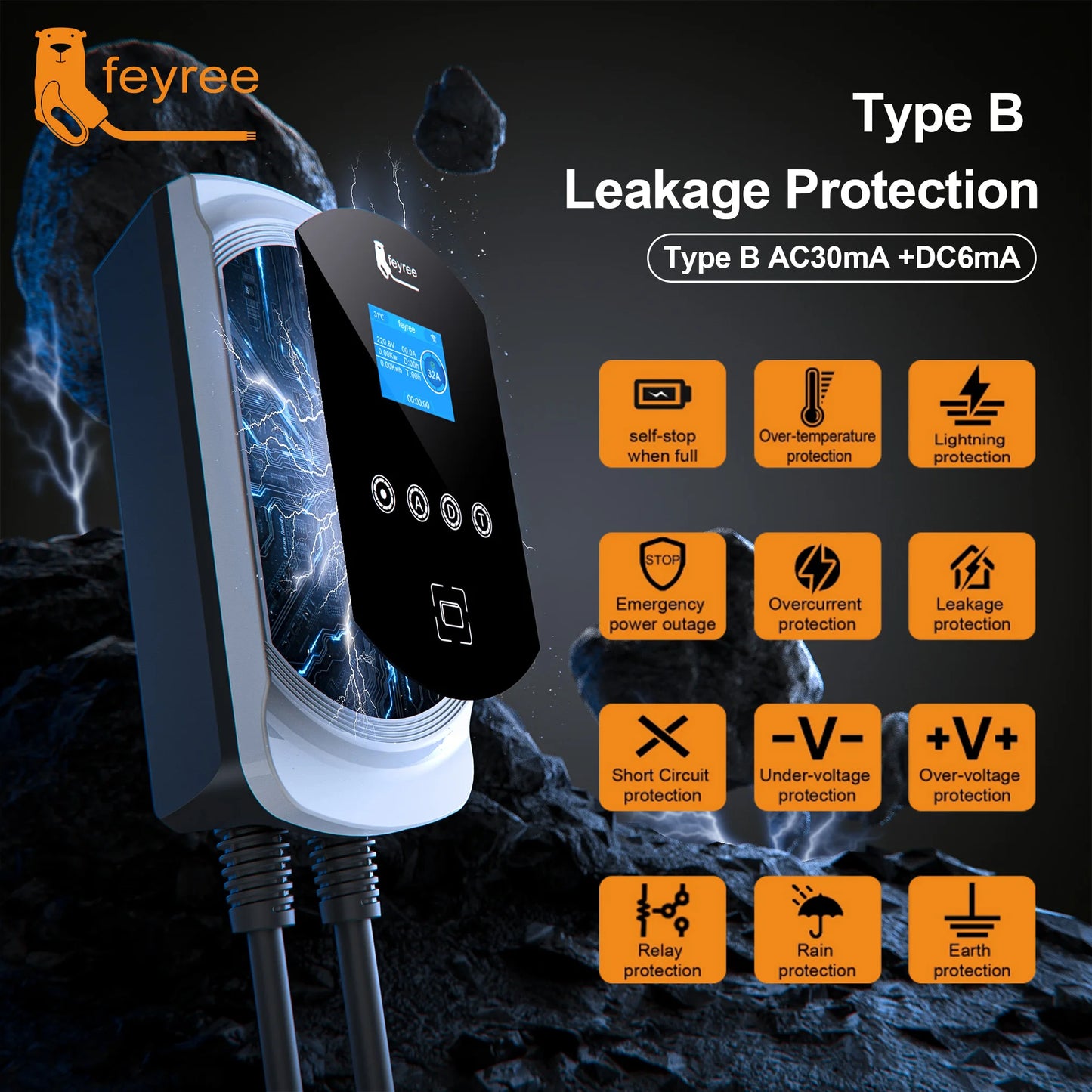 Feyree EV chargeur Type2 câble 32A 7.6kW charge dynamique blancage EVSE Wallbox APP fonction 11kW 22kW Station de charge voiture électrique