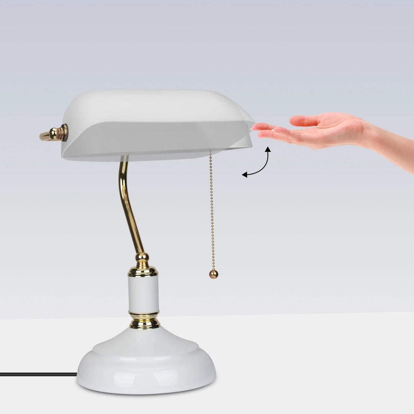 FIRVRE Blanc Lampe de Bureau en Verre pour Banquier avec Pied Blanc Lampe de Table avec Interrupteur à Chaîne à Tirer pour Burea