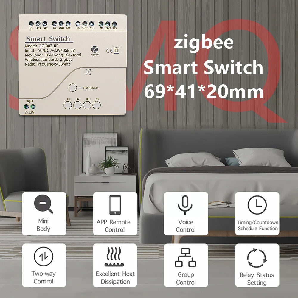 Contact sec Tuya commutateur intelligent Zigbee 1 2 4 canaux Zigbee Din Rail relais carte Module deux canaux RF 433 relais 12V 24V 230V