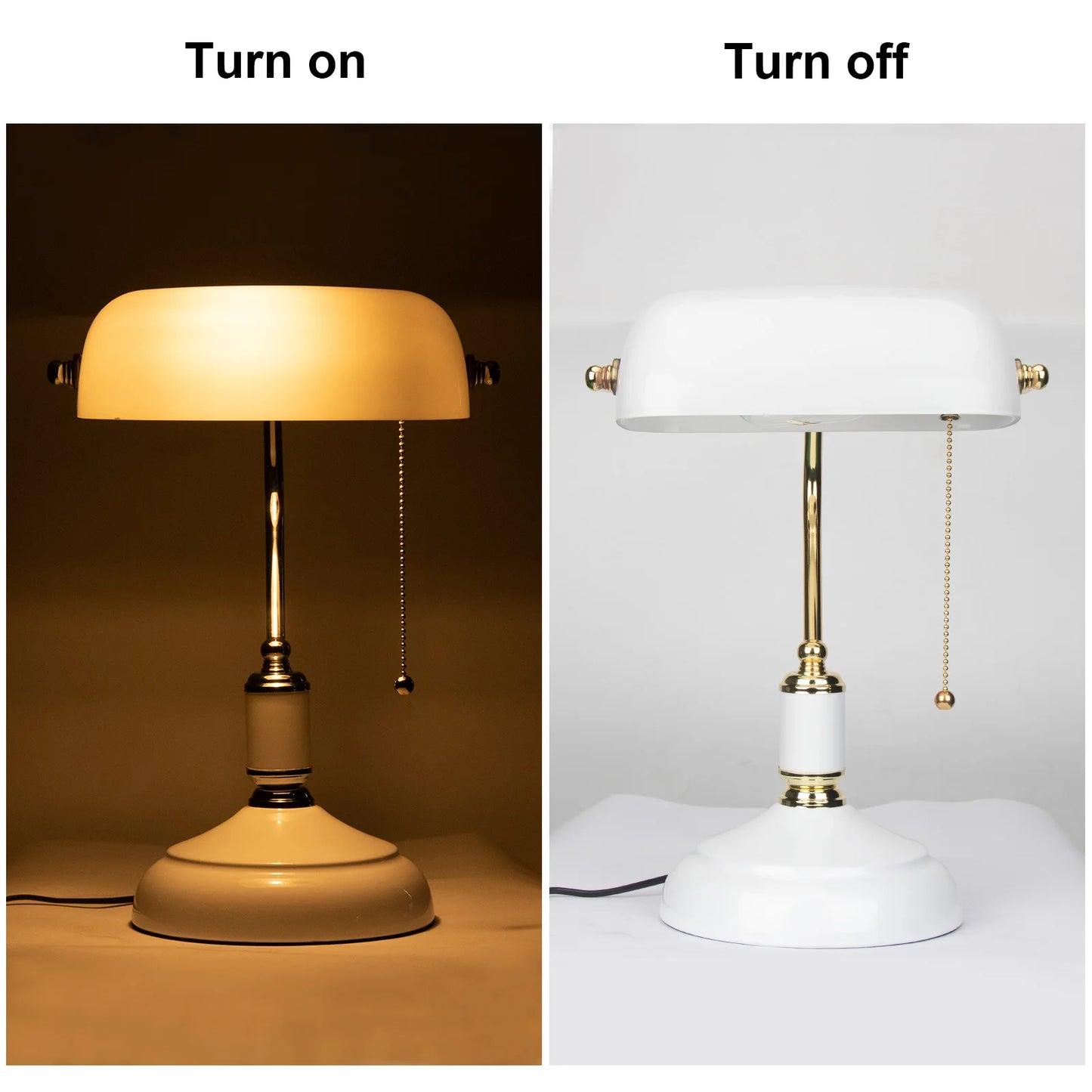FIRVRE Blanc Lampe de Bureau en Verre pour Banquier avec Pied Blanc Lampe de Table avec Interrupteur à Chaîne à Tirer pour Burea