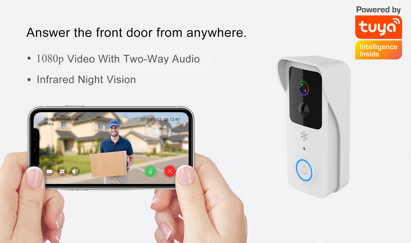 Sonnette vidéo WiFi 5G 2.4G, 1080P, Tuya, interphone intelligent sans fil pour l'extérieur, caméra sans fil étanche avec sonnerie d'alimentation AC/DC