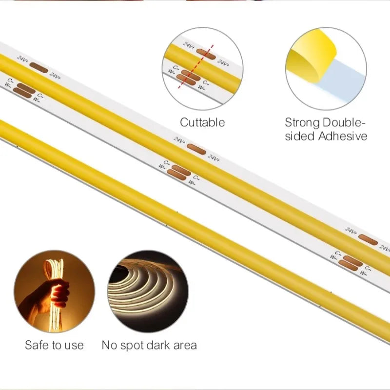 Bande lumineuse CCT COB flexible à intensité variable, ultra fine, DC24V, 5mm, 608 LED/m, 2700-6500K, Densité LED, Éclairage décoratif, Bande de chambre LED