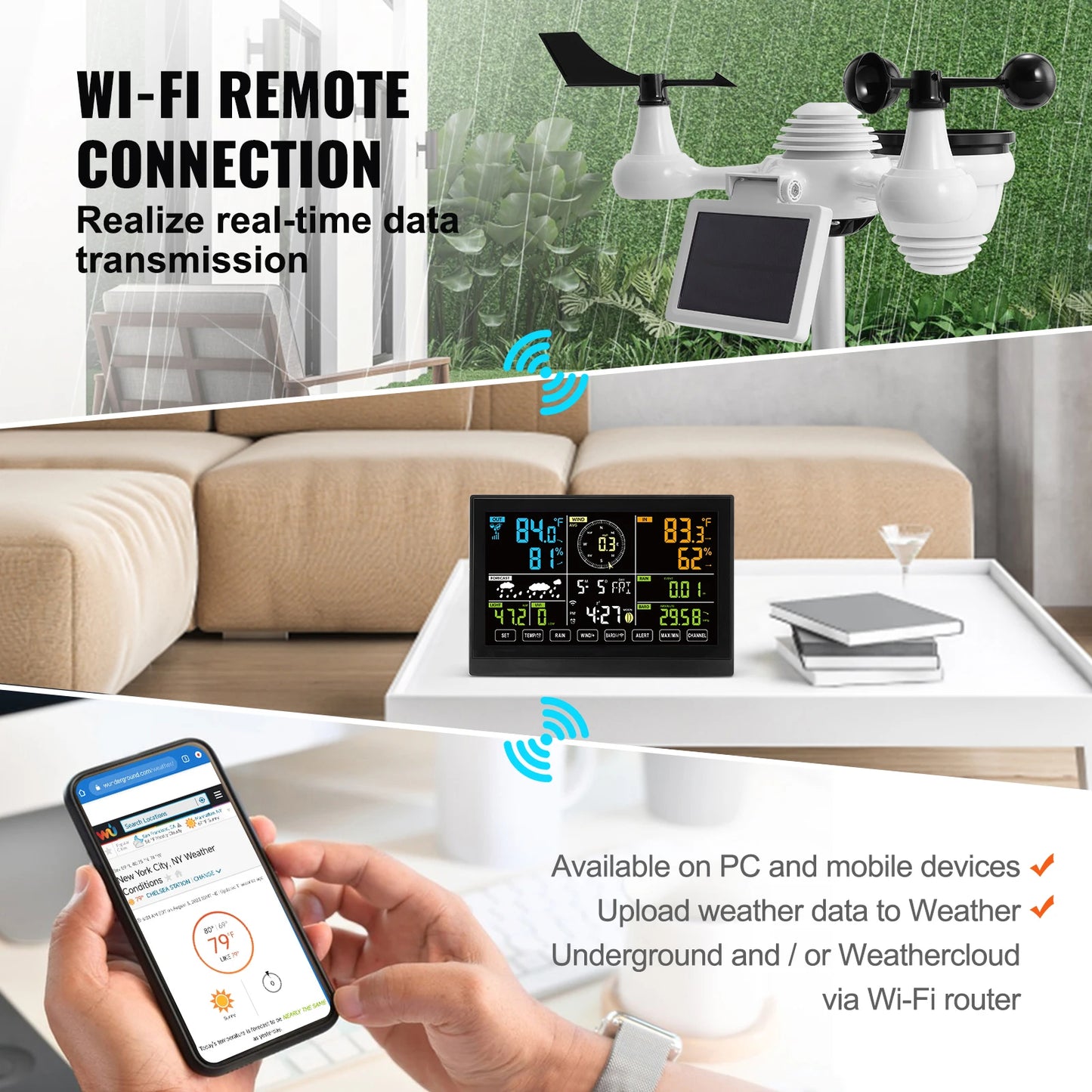 VEVOR Station Météo Wifi 7 en 1 Station Météo Sans Fil Intérieur Extérieur Solaire Grand Écran Couleur 7,5 po Station Météo Numérique Capteur pour Température Humidité Vitesse Direction de Vent Pluie