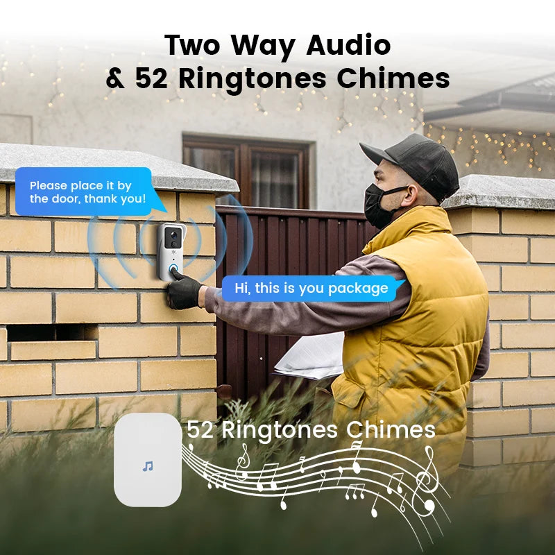 Sonnette vidéo WiFi 5G 2.4G, 1080P, Tuya, interphone intelligent sans fil pour l'extérieur, caméra sans fil étanche avec sonnerie d'alimentation AC/DC