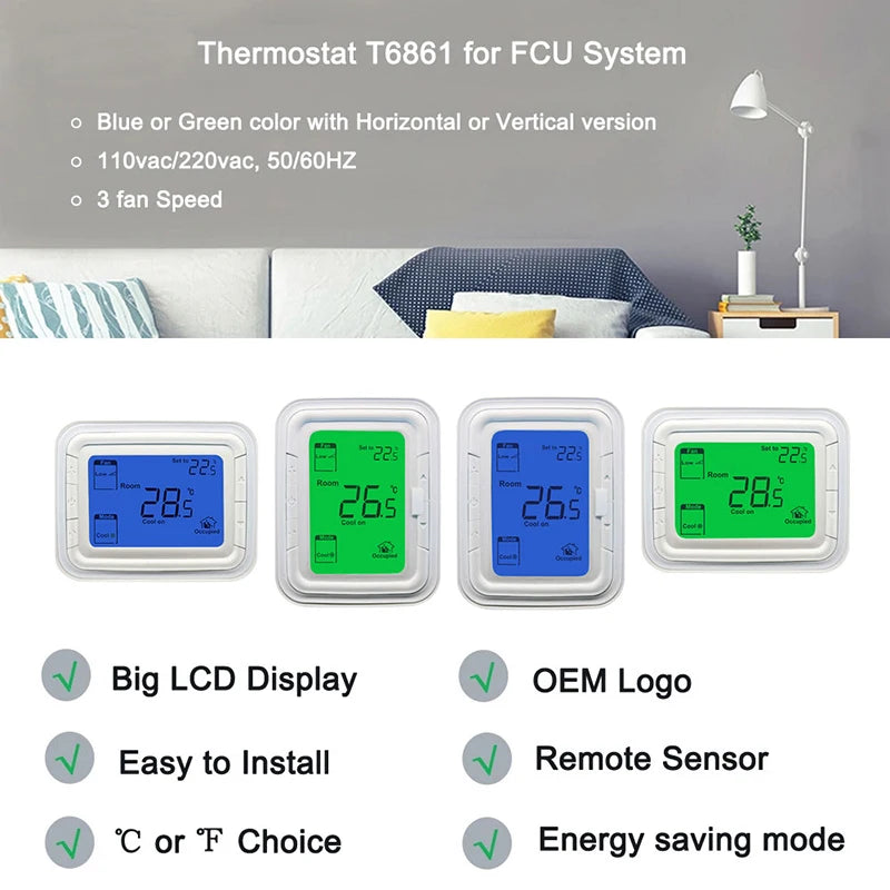 Thermostat numérique pour climatiseur, contrôleur de température à distance, vertical et horizontal, Honeywell, T6861, FCU, T68Également V2WG, T68Également V1WG