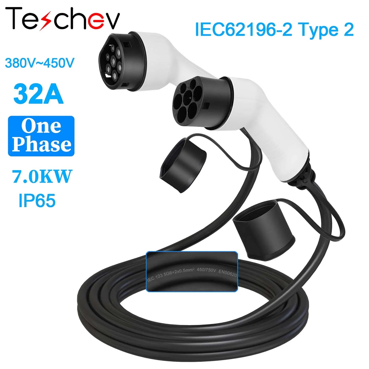 Câble de chargement EV Teschev 32A 7KW Type 2 vers Type 2 11kW 16A Mode 3 phases 3 câble EV IEC 62196-2 pour EV et PHEV dans la station publique