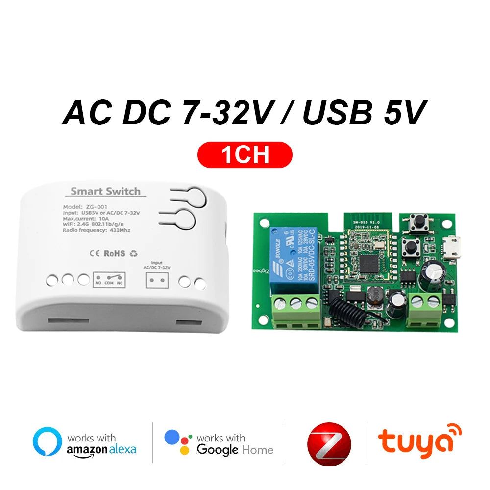 Contact sec Tuya commutateur intelligent Zigbee 1 2 4 canaux Zigbee Din Rail relais carte Module deux canaux RF 433 relais 12V 24V 230V
