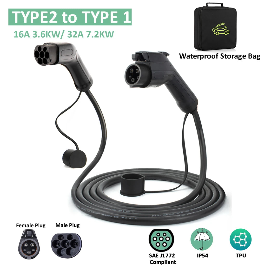 Câble de charge mâle vers femelle pour voiture électrique, station de charge, sac de rangement, type 2 à type 1, 32A, 7KW EV, 5 mètres