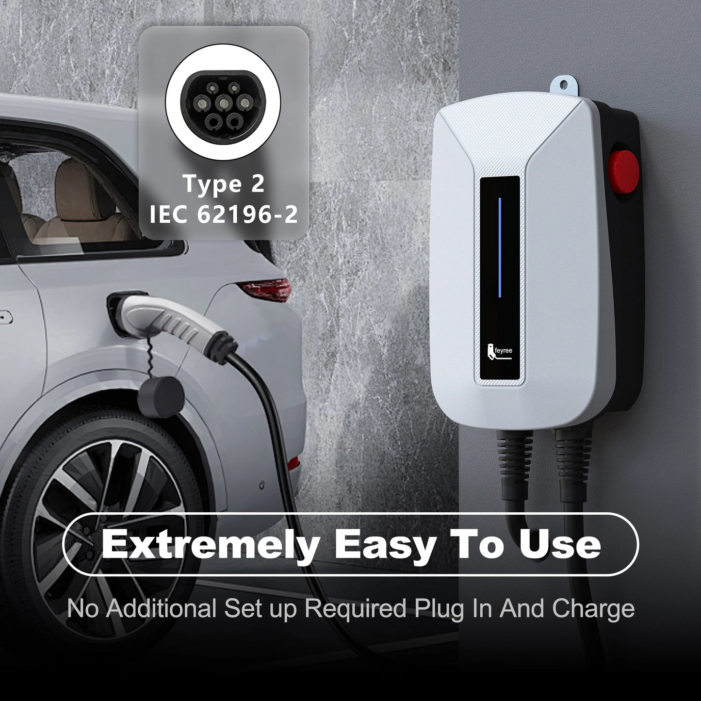 Feyree EV chargeur Type2 prise EVSE Wallbox 32A 7KW prise IEC62196-2 1 Phase 5m câble Station de charge murale pour voiture électrique