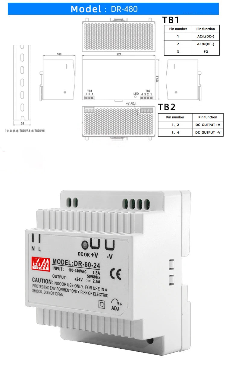 Alimentation à découpage sur rail DIN sortie DR-60W 5V 12V 15V24V 24V DC 220V à 12V transformateur 5v module boîte d'alimentation