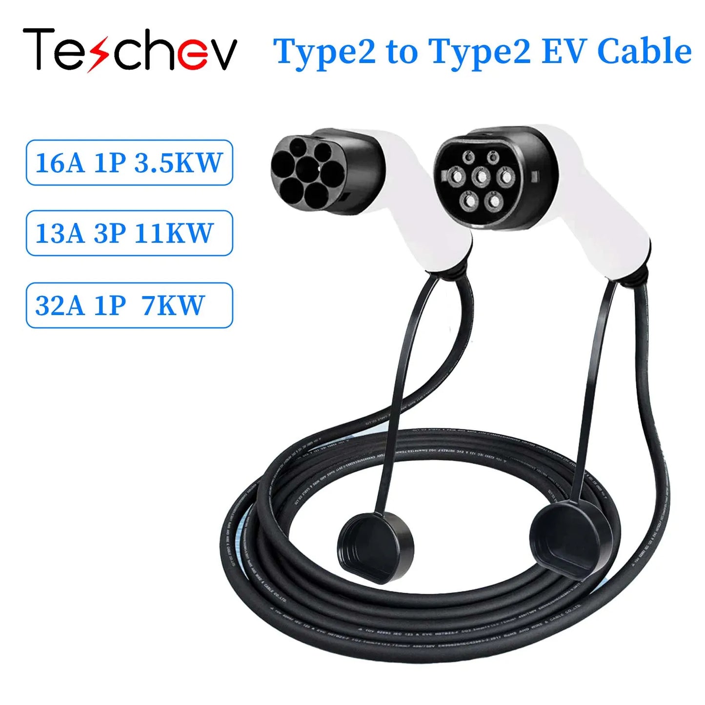 Câble de chargement EV Teschev 32A 7KW Type 2 vers Type 2 11kW 16A Mode 3 phases 3 câble EV IEC 62196-2 pour EV et PHEV dans la station publique