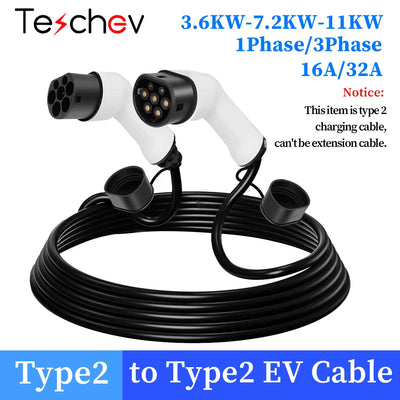 Câble de chargement EV Teschev 32A 7KW Type 2 vers Type 2 11kW 16A Mode 3 phases 3 câble EV IEC 62196-2 pour EV et PHEV dans la station publique