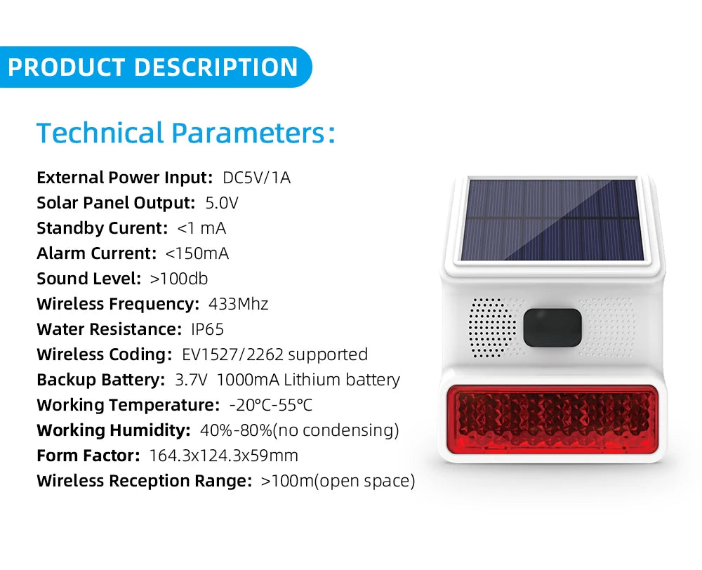 Smarsecur-Sirène Solaire Extérieure Étanche avec Lumière Clignotante LED, Système d'Alarme pour Abri de Garage Domestique, 433MHz