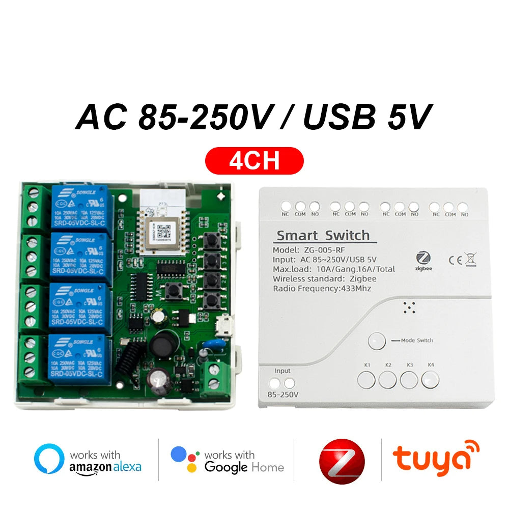 Contact sec Tuya commutateur intelligent Zigbee 1 2 4 canaux Zigbee Din Rail relais carte Module deux canaux RF 433 relais 12V 24V 230V