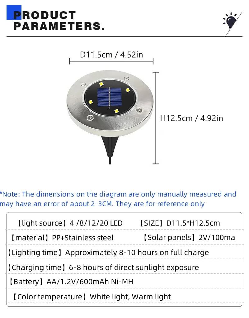 8/20LED disque solaire extérieur lumière IP65 jardin extérieur solaire lampes souterraines pont lumière enterré solaire jardin lumière décorative