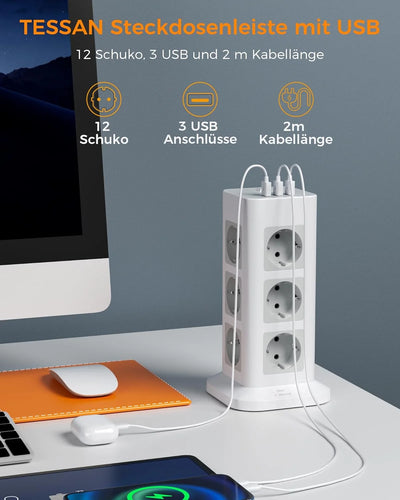 TESSAN Tour Extension Multiprise Protection contre les surtensions (1700J) avec 8 prises AC et 3 Ports USB Prise Multiple avec interrupteur pour la maison