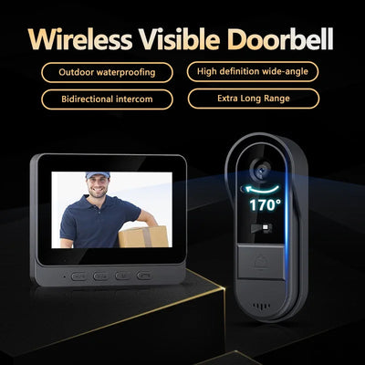 Sonnette d'interphone sans fil avec vision nocturne HD, écran IPS 4,3 pouces, caméra de sonnette visuelle étanche, sécurité domestique intelligente, vidéo par sonnette