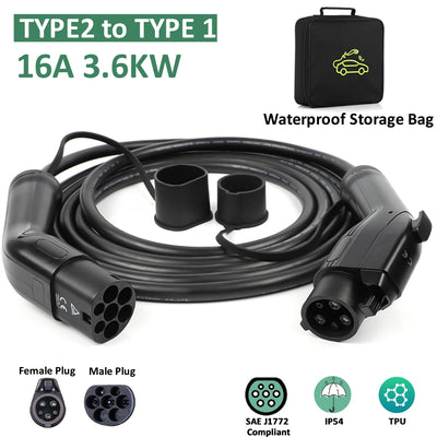 Câble de charge mâle vers femelle pour voiture électrique, station de charge, sac de rangement, type 2 à type 1, 32A, 7KW EV, 5 mètres