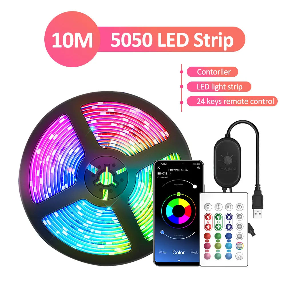 TurnRGB-Bande lumineuse LED avec télécommande à 24 touches, 10m, diviseur de musique, proxy, SMD5050, TV, PC, maison